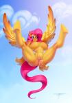 2015 absurd_res anthro anthrofied areola big_breasts blue_eyes breasts cloud cutie_mark equid equine feathered_wings feathers female fluttershy_(mlp) friendship_is_magic genitals hair hasbro hi_res hooves huge_breasts humanoid_genitalia humanoid_pussy long_hair mammal my_little_pony mythological_creature mythological_equine mythology nipples nude outside pegasus pink_hair pussy solo spread_legs spreading white-devil wings yellow_body yellow_feathers