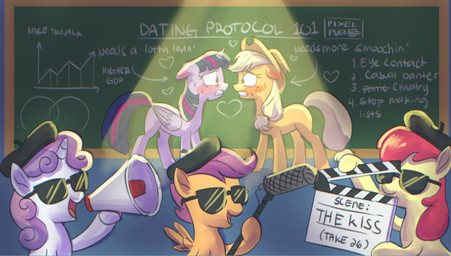 blush bodily_fluids boom_microphone cartoon_freckles chalkboard clapperboard electronics eyelashes eyewear female feral freckled_face freckles group horn long_eyelashes megaphone microphone sunglasses sweat sweatdrop wings pixelpub friendship_is_magic hasbro my_little_pony mythology apple_bloom_(mlp) applejack_(mlp) scootaloo_(mlp) sweetie_belle_(mlp) twilight_sparkle_(mlp) earth_pony equid equine horse mammal mythological_creature mythological_equine pegasus pony unicorn winged_unicorn hi_res