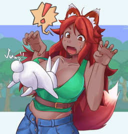 5_fingers ambiguous_gender belt big_breasts blush bodily_fluids bottomwear breasts brown_body brown_skin cleavage clothed clothing clothing_pull colored_nails cute_fangs dark_body dark_skin day denim denim_bottomwear denim_clothing dipstick_ears dipstick_tail duo ear_markings exclamation_point fangs female feral fingers forest fully_clothed fur hair humanoid_focus inner_ear_fluff jeans long_hair looking_at_another markings monotone_hair multicolored_ears multicolored_tail nails onomatopoeia open_bottomwear open_clothing open_mouth open_pants pants paw_pose plant pose red_body red_eyes red_fur red_hair red_nails screencap screencap_background shirt shirt_pull sky solo_focus sound_effects speech_bubble standing sweat sweatdrop tail tail_markings tank_top teeth text topwear topwear_pull tree tuft white_body white_fur ichthys terraria zoologist_(terraria) animal_humanoid canid canid_humanoid canine canine_humanoid fox_humanoid humanoid lagomorph leporid mammal mammal_humanoid rabbit absurd_res hi_res