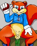 anthro balls bodily_fluids bottomless clothed clothing flaccid foreskin genital_fluids genitals holding_object male peeing peeing_into_bottle peeing_into_container penis solo spread_legs spreading urine urine_stream illegaleel conker's_bad_fur_day rareware conker mammal rodent sciurid tree_squirrel 4:5 absurd_res hi_res