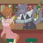 alcohol anthro bartender beverage bottle clothed clothing cocktail container cute_fangs duo eyes_closed fangs female kemono open_mouth prehensile_tail tail teeth ekaki510 binturong canid canine mammal maned_wolf viverrid 1:1