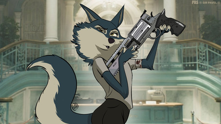 anthro bandage big_gun clothed clothing female female_anthro fur gun handgun holding_object holding_weapon humor multicolored_body multicolored_fur multicolored_tail pistol pose posing_for_picture ranged_weapon solo standing tail topwear weapon sir_paulus illumination_entertainment resident_evil_requiem sing_(movie) porsha_crystal canid canine canis mammal wolf 16:9 2026 portrait signature widescreen