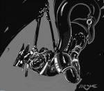 abstract_background anal_beads ball_gag bdsm bondage bound clothing collar gag gagged gimp_suit glistening latex male sex_toy simple_background skinsuit solo submissive submissive_male suspension tail tight_clothing turbinedivinity schmitt sergal 2017 digital_media_(artwork) greyscale monochrome