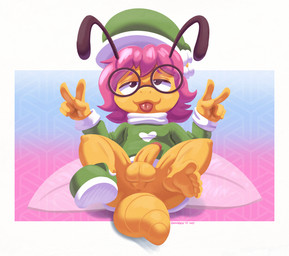 5_toes anthro anus balls bottomless bottomless_anthro bottomless_male clothed clothing eyewear feet femboy fingers footwear genitals gesture glasses hair half-erect hand_gesture humanoid_feet humanoid_genitalia humanoid_penis looking_at_viewer lying male on_back penis plantigrade round_glasses shirt shoes simple_background smile soles solo spread_legs spreading tail toes tongue tongue_out topwear v_sign wearing_glasses wings young onihidden florence_firefly arthropod insect absurd_res digital_media_(artwork) hi_res gynomorph_(lore) trans_(lore)