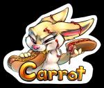 anthro female food fur hot_dog looking_at_viewer messy pink_eyes solo text white_body white_fur yellow_body yellow_fur carrot_(artist) carrot_(carrot) lagomorph leporid mammal rabbit 2016 alpha_channel english_text hi_res