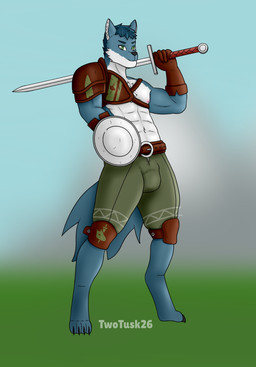 anthro armor belt blue_body blue_fur claws fur green_eyes leather leather_armor male melee_weapon muscular muscular_male nipples pink_nipples shield solo standing sword tail weapon twotusk canid canine canis mammal wolf hi_res