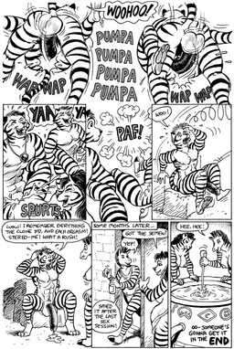 anthro areola backsack balls big_breasts bodily_fluids breasts clone cum cum_in_vagina cum_inside dialogue erect_nipples erection eyes_closed female genital_fluids genitals group male male/female nipples open_mouth orgasm penetration penis sex stripes tail text vaginal vaginal_penetration vulva karno equid equine felid horse mammal pantherine tiger zebra comic english_text monochrome