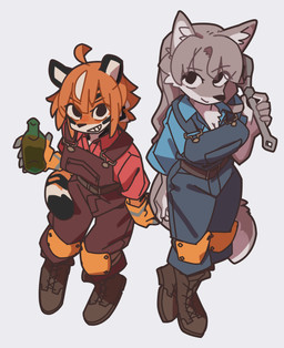 alcohol anthro beer beverage blue_clothing boots breasts cleavage clothed clothing duo female footwear fur gloves grey_body grey_fur grin handwear knee_pads markings orange_body orange_fur overalls red_clothing shoes simple_background sitting smile smiling_at_viewer standing striped_markings stripes tail tools wrench yagi_the_goat team_fortress_2 valve engineer_(team_fortress_2) canid canine canis felid mammal pantherine tiger wolf absurd_res hi_res