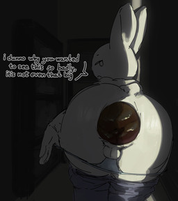 anthro anus balls bottomwear bottomwear_down butt closet clothed clothing crowning_feces excessive_feces eyebrows feces fur genitals hyper hyper_feces long_ears looking_at_viewer looking_back looking_back_at_viewer male male_pooping narrowed_eyes pants pants_down partially_clothed pooping raised_eyebrows scatplay scut_tail short_tail solo tail talking_to_viewer text underwear underwear_down white_body white_fur tiosqr lagomorph leporid mammal rabbit english_text hi_res