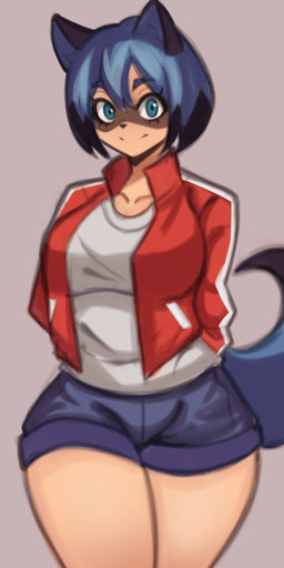 anthro blue_body blue_eyes blue_hair breasts brown_body brown_fur clothed clothing dipstick_tail female fluffy fur hair jacket markings smile solo tail tail_markings thick_thighs topwear white_clothing nyapii brand_new_animal studio_trigger michiru_kagemori canid canine mammal raccoon_dog tanuki absurd_res hi_res