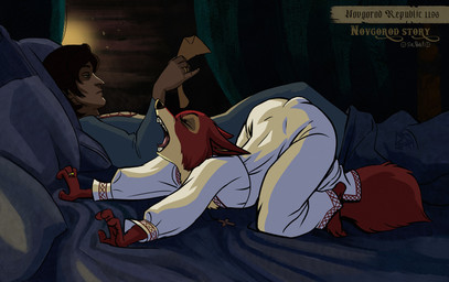 4_fingers alternate_costume animal_behavior anthro bed bed_covers bedding bedroom bedroom_clothing biped black_nose candlelight clothed clothed_anthro clothed_female clothed_male clothing countershade_face countershading detailed_background digit_ring duo ears_flat eyebrows eyelashes eyes_closed female female_anthro female_on_human fingers folk_clothes fully_clothed fully_clothed_anthro fully_clothed_female fully_clothed_male furniture holding_object holding_paper human_on_anthro husband husband_and_wife insde inside interspecies jewelry light male male_human male_on_anthro married married_couple married_man married_woman medieval_clothing night nobleman noblewoman novgorad_republic on_bed open_mouth paper parchment pillow reading ring sharp_teeth snout stretching tail teeth text tongue wall_(structure) wedding_ring wife wood wood_wall yawn sir_paulus disney robin_hood_(disney) maid_marian pavel_(sir_paulus) canid canine canis fox human mammal artist_name hi_res