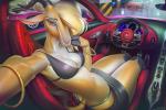 2017 3:2 antelope anthro bedroom_eyes biped blonde_hair bottomwear bovid bra bracelet breasts brown_eyes bugatti car cleavage clothed clothing detailed_background disney female fingers gazelle gazelle_(zootopia) grant's_gazelle hair half-closed_eyes hooved_fingers hooves horn inside_car jewelry looking_at_viewer mammal midriff miles_df miniskirt nanger narrowed_eyes navel public seductive selfie sitting skirt solo tail thong true_antelope underwear vehicle wheel zootopia