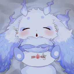 bed blue_body blue_fire blue_fur blue_nose blush blush_lines bodily_fluids censored_clitoris censored_genitalia censored_vulva clitoris colored_fire duo eyes_closed female fire fur furniture genital_fluids genitals heart_symbol on_bed open_mouth semi-anthro sleep_molestation sleeping solo_focus spread_legs spread_vulva spreading text vaginal_fluids vulva white_body white_fur yaei_(artist) nijisanji vtuber lunlun_(nijisanji) human mammal unknown_species 1:1 2026 absurd_res censored hi_res japanese_text