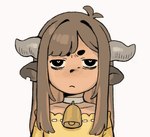 brown_hair clothed clothing cowbell female fully_clothed hair horn looking_at_viewer notched_ear simple_background tired_eyes tongue tongue_out white_background young gorarati taa-chan animal_humanoid bovid bovid_humanoid humanoid mammal mammal_humanoid animated nonbinary_(lore)