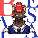 anthro brown_body brown_fur clothing ears_up eyewear frohawk fur fur_markings glasses hair male markings necktie red_hair school_uniform solo spots spotted_body spotted_fur topwear uniform vest bombayeen_(artist) beastars mr.hakkai bear hybrid hyena mammal 1:1