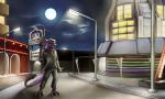 anthro black_body black_fur city clothing cloud fur gun handgun hat headgear headwear knife male moon night pistol purple_body purple_fur ranged_weapon smile solo suit tail theater weapon huskeeburn21 fallout microsoft lootz sergal 2015 5:3 hi_res