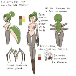 big_breasts breasts female green_hair hair multi_eye multi_limb nipples puffy_nipples solo text yellow_eyes reakuthecrate ellena_(reakuthecrate) animal_humanoid arachnid arachnid_humanoid arthropod arthropod_humanoid humanoid monster spider spider_humanoid 1:1 concept_art english_text sketch sketch_page