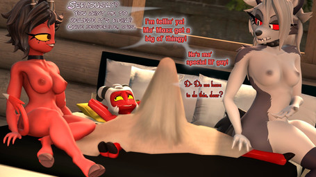 anthro areola bed bed_sheet bedding black_hair breasts dialogue female fur furniture group hair hands_behind_head hooves horn lying male navel nipples nude on_back on_bed pillow red_body red_sclera sitting smile tail teeth tenting text trio white_body white_fur white_hair sarah_dellen hellaverse helluva_boss mythology loona_(helluva_boss) millie_(helluva_boss) moxxie_(helluva_boss) canid canid_demon canine demon hellhound humanoid imp mammal mythological_canine mythological_creature 16:9 3d_(artwork) digital_media_(artwork) english_text hi_res source_filmmaker_(artwork) widescreen