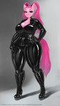 anthro anthrofied big_breasts black_latex boots breasts cleavage clothed clothing corset female footwear hair hand_on_hip high_heeled_boots high_heels latex latex_clothing latex_corset latex_lingerie latex_topwear lingerie looking_at_viewer pigtails pink_body pink_hair shoes simple_background solo standing straight_hair text thick_thighs tight_clothing topwear wide_hipped_female wide_hips transfaled friendship_is_magic hasbro my_little_pony pinkamena_(mlp) pinkie_pie_(mlp) earth_pony equid equine horse mammal pony 2022 hi_res url