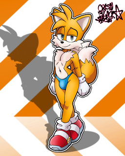 2_tails aged_up anthro arched_back athletic athletic_male blue_eyes bulge chest_tuft clothed clothing femboy footwear fur gloves handwear looking_at_viewer male multi_tail narrowed_eyes navel shoes small_waist smile solo speedo standing swimwear tail thick_thighs thong topless tuft underwear white_body white_fur yellow_body yellow_fur crisn-black-space sega sonic_the_hedgehog_(series) miles_prower canid canine fox mammal red_fox true_fox 4:5 hi_res