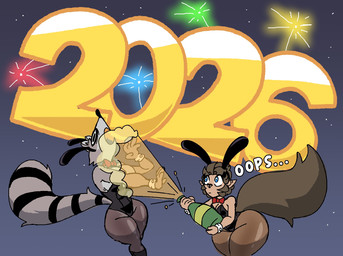 alcohol anthro beverage big_breasts big_tail black_body black_fur black_tail_ring blue_eyes bow_tie breasts brown_body brown_tail bunny_costume champagne champagne_bottle clothed clothed_anthro clothed_female clothing costume cuff_links dark_body dark_skin duo fake_ears fake_rabbit_ears female fireworks fully_clothed fully_clothed_anthro fully_clothed_female fur grey_body grey_fur holidays huge_hips legwear leotard night pantyhose red_bow_tie small_breasts splash tail thick_thighs wide_hips diegutan mythology new_year new_year_2026 danver_the_werewolf uva_the_raccoon canid canine mammal mythological_canine mythological_creature procyonid raccoon werecanid werecanine werecreature werewolf 2026 aliasing binary_drawing digital_drawing_(artwork) digital_media_(artwork) hi_res