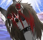 anthro broken_horn brown_eyes brown_hair caind clothed clothing cloud collar crown ear_piercing ear_ring female fur gem grey_body grey_fur hair headgear headwear horn looking_at_viewer piercing red_gem red_hair red_horn ring_piercing ruby_(gem) sky solo white_body white_fur crybitur final_fantasy final_fantasy_xiv square_enix athena_(final_fantasy_xiv) suwyzid canid canine canis domestic_cat felid feline felis hybrid mammal wolf