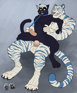 3_eyes abdominal_bulge anal anal_penetration animal_genitalia anthro anthro_on_anthro anthro_penetrated anthro_penetrating anthro_penetrating_anthro balls black_balls black_body black_fur black_sheath cheek_tuft chest_tuft duo facial_tuft fangs fur genitals glans glistening glistening_eyes green_eyes grey_background humanoid_genitalia humanoid_penis hybrid_genitalia hybrid_penis male male/male male_anthro male_penetrated male_penetrating male_penetrating_male markings multi_eye muscular muscular_anthro muscular_male no_sclera nude open_mouth pecs penetration penile penile_penetration penis penis_in_ass pink_nose pipe sex sheath sheathed_humanoid_penis simple_background size_difference slim_anthro slim_male spread_legs spreading striped_arms striped_legs striped_markings striped_tail stripes tail tail_markings teeth tuft whiskers white_balls white_body white_fur white_sheath yellow_eyes hufnaar domestic_cat felid feline felis mammal pantherine tiger hi_res