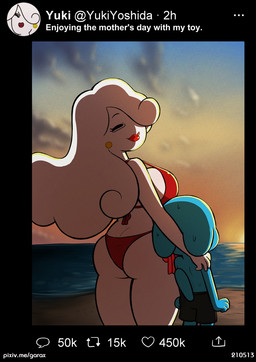 3_fingers 4_fingers age_difference anthro back-tie_bikini back-tie_clothing back-tie_swimwear beach big_breasts big_butt big_head bikini biped black_clothing black_eyebrows black_eyes black_swimming_trunks black_swimwear blue_body bodily_fluids breasts bulging_breasts butt closed_smile clothed clothed_female clothed_humanoid clothing cloud curved_eyebrows duo ear_piercing ear_ring ears_down empty_eyes extended_arm eyebrows eyelashes faceless_anthro faceless_character faceless_male female female_on_anthro fingers glistening glistening_lips hair hand_on_another's_shoulder hand_on_shoulder head_turned holidays humanoid_hands humanoid_on_anthro larger_female larger_humanoid lips long_hair looking_at_viewer looking_back looking_back_at_viewer male male/female male_on_humanoid mature_female mature_humanoid mouth_closed name_drop nervous nervous_sweat older_female older_humanoid outside piercing pivoted_ears pointy_ears prick_ears red_bikini red_clothing red_lips red_swimwear ring_piercing sand sea seaside short_tail shota size_difference sky smaller_anthro smaller_male smile smiling_at_viewer standing straight_legs sunset sweat swimming_trunks swimwear tail text thick_thighs three-quarter_view topless topless_anthro topless_male two-piece_swimsuit water white_body white_hair white_text young young_anthro young_male younger_anthro younger_male garabatoz cartoon_network mother's_day the_amazing_world_of_gumball twitter gumball_watterson yuki_yoshida air_creature air_humanoid cloud_humanoid domestic_cat elemental_creature elemental_humanoid felid feline felis humanoid living_cloud mammal 2021 digital_drawing_(artwork) digital_media_(artwork) english_text url