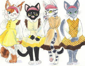 4_toes accessory alternative_fashion anthro barefoot black_body black_fur blush bottomwear claws clothed clothing digitigrade dress feet female fingers fur green_eyes grey_body grey_fur group headband headgear licking looking_at_viewer markings mottled multicolored_body multicolored_fur one_eye_closed open_mouth orange_body orange_fur pawpads paws piebald pink_pawpads simple_background skirt smile standing stripes tail toes tongue tongue_out topwear tuft whiskers white_background white_body white_fur wink yellow_clothing yellow_dress yellow_eyes sibaketsu calico_cat domestic_cat felid feline felis mammal 2017 hi_res painting_(artwork) traditional_media_(artwork) watercolor_(artwork)