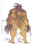 2021 abs anthro big_breasts big_chest big_hands breasts building claws conditional_dnp empty_eyes featureless_breasts featureless_crotch female fur green_eyes horn jollyjack kaiju mammal muscular muscular_anthro muscular_arms muscular_female muscular_thighs nude restricted_palette skyscraper solo tan_body tan_fur thick_arms