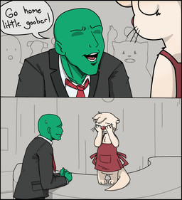 anthro apron bodily_fluids clothing crying dialogue duo female male suit tears text whiskers anonymous_artist anon human mammal mustelid otter