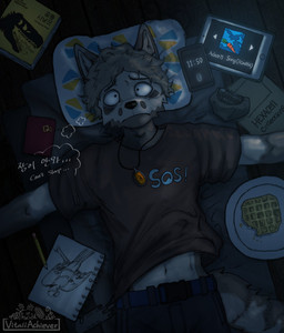 anthro brown_hair cellphone clothing countershade_arms countershade_face countershade_torso countershading dipstick_ears ear_markings electronics eye_bags floor food hair jewelry male multicolored_ears navel necklace pencil_(object) phone pillow shirt sketchbook solo tablet_computer thought_bubble topwear waffle vitaliachiever gamma_wolf_(vitaliachiever) canid canine canis mammal wolf hi_res signature