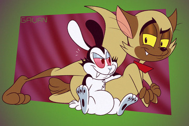 anthro bedroom_eyes black_body black_ears black_eyes black_fur black_nose brown_body brown_ears brown_fur brown_tail butt chest_tuft collar crossed_arms duo eye_contact eyebrows fangs fur half-closed_eyes hand_on_side long_ears looking_at_another lying male male/male multicolored_body multicolored_fur narrowed_eyes on_side pink_sclera raised_eyebrow red_collar red_eyes seductive sharp_teeth sitting smile tail teeth text toony tuft two_tone_body two_tone_fur white_body white_fur white_nose white_tuft yellow_sclera gavanzude bunnicula_(series) bunnicula chester_(bunnicula) domestic_cat felid feline felis lagomorph leporid mammal rabbit vampire 2024 artist_name digital_media_(artwork) hi_res