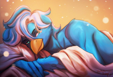 anthro beak bed_sheet bedding blue_body blue_feathers feathers green_eyes hair male morning pillow smile smiling_at_viewer solo potatosheep lucipurr miguel_(potatosheep) avian bird 2025 digital_media_(artwork) hi_res