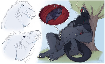 animal_genitalia anthro balls belly belly_nipples big_belly duo extreme_size_difference eyes_closed fangs fully_inside fully_sheathed genitals gills grass hand_on_belly internal leaning leaning_backward macro male male/male micro neck_bulge nude_anthro nude_male oral_vore plant relaxing safe_vore sheath simple_background sitting size_difference sky sleeping sound_effects swallowing teeth tongue tongue_out tree vore vowelless vowelless_sound_effect white_background zzz r4wry francois_(r4wry) rory_(noirenard) hybrid mammal hi_res