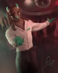 anthro brown_body clothing club disco disco_ball dress_shirt give_(gesture) glowing green_eyes green_hands green_horn horn inviting long_ears looking_at_viewer male neck_tuft nightclub party shirt solo standing teeth topwear tuft nyrox_(artist) bovid bovine caprine cattle goat mammal