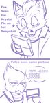 anthro blush communicator dialogue duo male surprise text hayakain nintendo star_fox falco_lombardi fox_mccloud avian canid canine fox mammal blue_and_white comic english_text monochrome