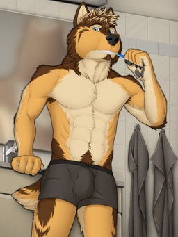 5_fingers abs anthro bathroom black_nose blue_eyes body_hair bottomwear brown_body brown_fur brush brushing brushing_teeth bulge clothed clothing facial_hair fingers fur goatee grey_bottomwear grey_clothing happy_trail male male_anthro morning_routine muscular muscular_anthro muscular_male solo standing tan_body tan_fur topless topless_anthro topless_male underwear yellow_body yellow_fur rekkidoggo rex_(rekkidoggo) canid canine canis domestic_dog mammal 3:4 hi_res