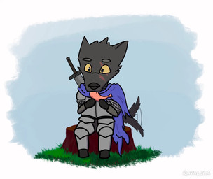 anthro eating eating_food knight male sitting solo tail tail_motion tailwag warrior ravalska elden_ring fromsoftware blaidd_(elden_ring) canid canine canis mammal wolf hi_res