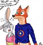 anthro asian_clothing clothing cosplay duo east_asian_clothing female japanese_clothing kimono male simple_background text white_background brokeguy21 disney marvel zootopia captain_america judy_hopps nick_wilde canid canine fox lagomorph leporid mammal rabbit red_fox true_fox english_text hi_res