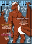 anthro covering covering_self genitals hair horn humanoid_pointy_ears male membrane_(anatomy) membranous_wings navel nipples nude penis pointy_ears red_body smile solo tail text white_hair wings jandan disney gargoyles brooklyn_(gargoyles) gargoyle scalie censored cover english_text magazine_cover