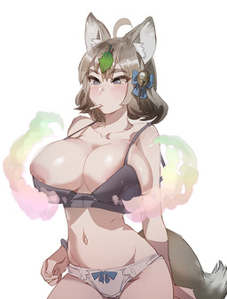 accessory ahoge big_breasts bra breast_expansion breasts clothing expansion eyebrows eyelashes female hair hair_accessory inner_ear_fluff leaf leaf_on_head magic navel nipples panties tail tan_hair tuft underwear bow_(artist) animal_humanoid canid canid_humanoid canine canine_humanoid fox_humanoid humanoid mammal mammal_humanoid