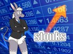 anthro black_clothing black_suit blonde_hair blue_necktie briefs bulge clothing coat crossed_arms dress_shirt erection fur grey_body grey_fur hair leg_markings male mane markings multicolored_body multicolored_fur necktie shirt smile socks_(marking) solo stock_market suit tan_body tan_fur text tighty_whities topwear two_tone_body two_tone_fur underwear white_body white_briefs white_clothing white_dress_shirt white_fur white_mane white_underwear smallfryspy dominic_byrne asinus donkey equid equine mammal english_text