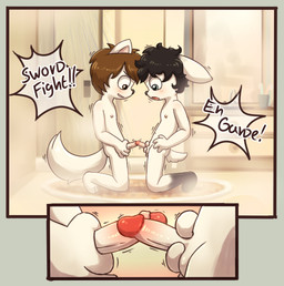 anthro anthro_on_anthro balls bathing bathroom biped black_hair blush brown_hair comparing comparing_penis cut_vs_uncut dialogue duo erection fingers foreskin frottage genital_exploration genitals glans hair holding_own_penis holding_penis humanoid_genitalia humanoid_penis interspecies looking_at_another looking_at_genitalia looking_at_partner looking_at_penis male male/male nude partially_retracted_foreskin penile penis penises_touching playing sex shota show_me_yours shower showering showering_together speech_bubble swordfight tail text tips_touching young young_anthro young_male young_on_young polygon5 chris_(doomhelm) mike_(doomhelm) canid canine lagomorph leporid mammal rabbit 2022 english_text