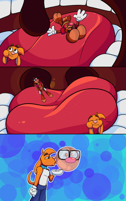 3_toes 4_fingers anthro big_feet big_tongue bottomwear cartoon_gloves cartoon_physics cheek_bulge clothing collar duo feet fingers inside_mouth macro male male/male mawplay micro pants paws red_tongue soft_vore tail toes tongue toony toony_moment uvula vore doggydog doggydog_(character) roderick_(tamerkoh) toon_doggydog_(doggydog) canid canine canis domestic_dog lagomorph leporid mammal rabbit absurd_res comic hi_res