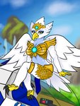 aircraft airplane anthro armor beak bedroom_eyes belly black_claws blue_belly blue_body blue_clothing blue_feathers blue_sky bottomwear bra breasts canopy claws clothing cloud cockpit crossed_legs crown feathers feet female fighter_plane finger_claws floating_island gem gold_(metal) gold_armor gold_clothing gold_jewelry greenery headgear heel_claw jet jewelry loincloth markings midriff multicolored_body multicolored_feathers muscular muscular_arms narrowed_eyes navel non-mammal_breasts pupils scalemail scalemail_armor scalemail_bikini scales seductive sitting sitting_on_vehicle skirt sky solo tail tail_feathers thigh_ring tiara toe_claws two_tone_body two_tone_feathers underwear vehicle waterfall white_body white_feathers wings yellow_beak yellow_body yellow_eyes yellow_feet yellow_hands yellow_pupils yellow_scales thehungryrabbit legends_of_chima lego eris_(legends_of_chima) accipitrid accipitriform avian bird eagle humanoid winged_humanoid 3:4 hi_res