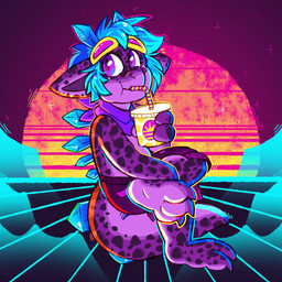 anthro beverage blue_hair bottomwear claws clothing crystal eyewear feet goggles hair kerchief male purple_body purple_scales scales shorts soles solo sunset synthwave tail crownedvictory kitsyfluff lizard reptile scalie 2020 hi_res