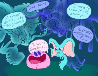 ambiguous_gender annoyed anthro antlers big_ears biped bipedal_feral black_sclera blue_eyes blush blush_stickers chest_tuft crystal dialogue digitigrade ellipsis feral fingernails fluffy fluffy_tail fur group head_wings horn huge_wings hungry looking_at_another mouthless nails narrowed_eyes neck_tuft notched_ear open_mouth open_smile pink_body pupils purple_body red_body semi-anthro size_difference smile speech_bubble star_eyes tail teal_body teal_fur text translucent translucent_body tuft unusual_wing_placement wings muffin-snakes kirby_(series) kirby_and_the_forgotten_land nintendo star-crossed_world elfilin fecto_elfilis genwel_meteonelfilis kirby alien chinchilla chinchillid mammal rodent spirit starling_(kirby) waddling_head 2026 digital_drawing_(artwork) digital_media_(artwork) english_description english_text hi_res signature male_(lore)