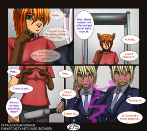 anthro big_breasts blonde_hair bottomwear breasts close-up clothed clothing collar colored_nails dialogue duo eye_contact female fingers formal_wear front_view green_eyes hair horn inner_ear_fluff looking_at_another male medium_hair metal_detector nails necktie nipple_outline nipples open_mouth orange_hair pants pink_hair pink_nipples purple_eyes shirt simple_background sniffing solo standing t-shirt tail text topwear tuft uniform yellow_nails iginger mythology ginger_(iginger) domestic_cat dragon felid feline felis mammal mythological_creature mythological_scalie scalie comic digital_media_(artwork) english_text hi_res multiple_scenes url