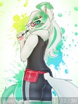 anthro bottomwear clothing eyewear fur glasses green_body green_eyes green_fur looking_at_viewer male neck_tuft purse shirt shorts side_view solo tank_top topwear tuft white_body white_fur tasticstarlight arctic_fox canid canine fox mammal true_fox 3:4 hi_res